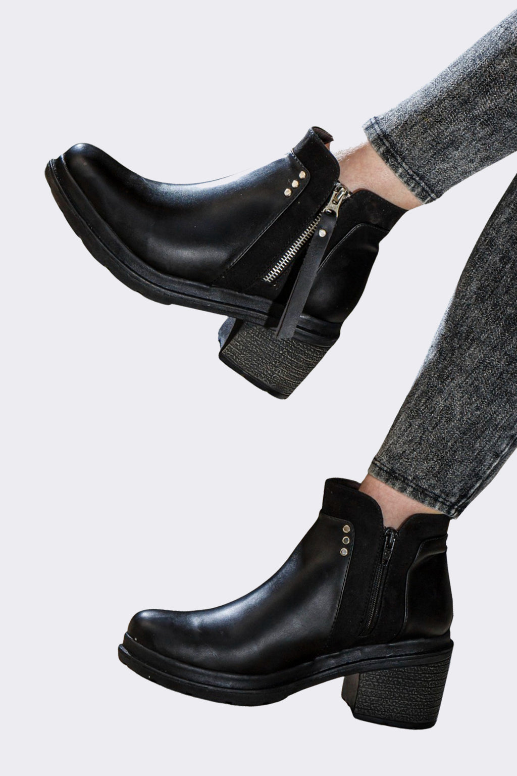 Black Leather Block Heel Ankle Boots