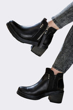 Black Leather Block Heel Ankle Boots