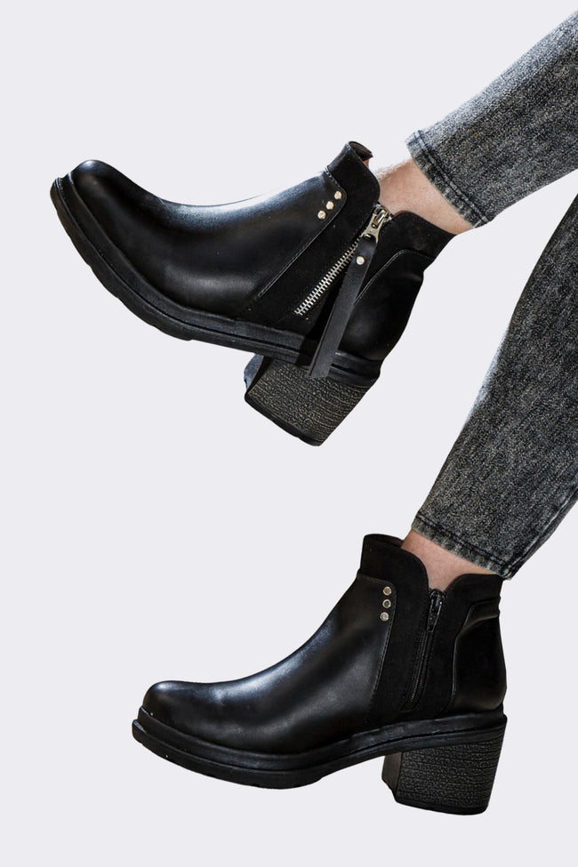 Black Leather Block Heel Ankle Boots Hover Image