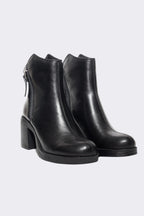 Black Leather Block Heel Ankle Boots