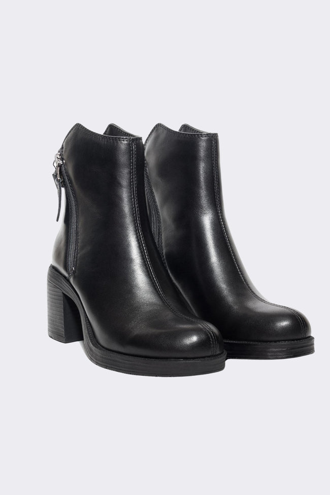 Black Leather Block Heel Ankle Boots Main Image