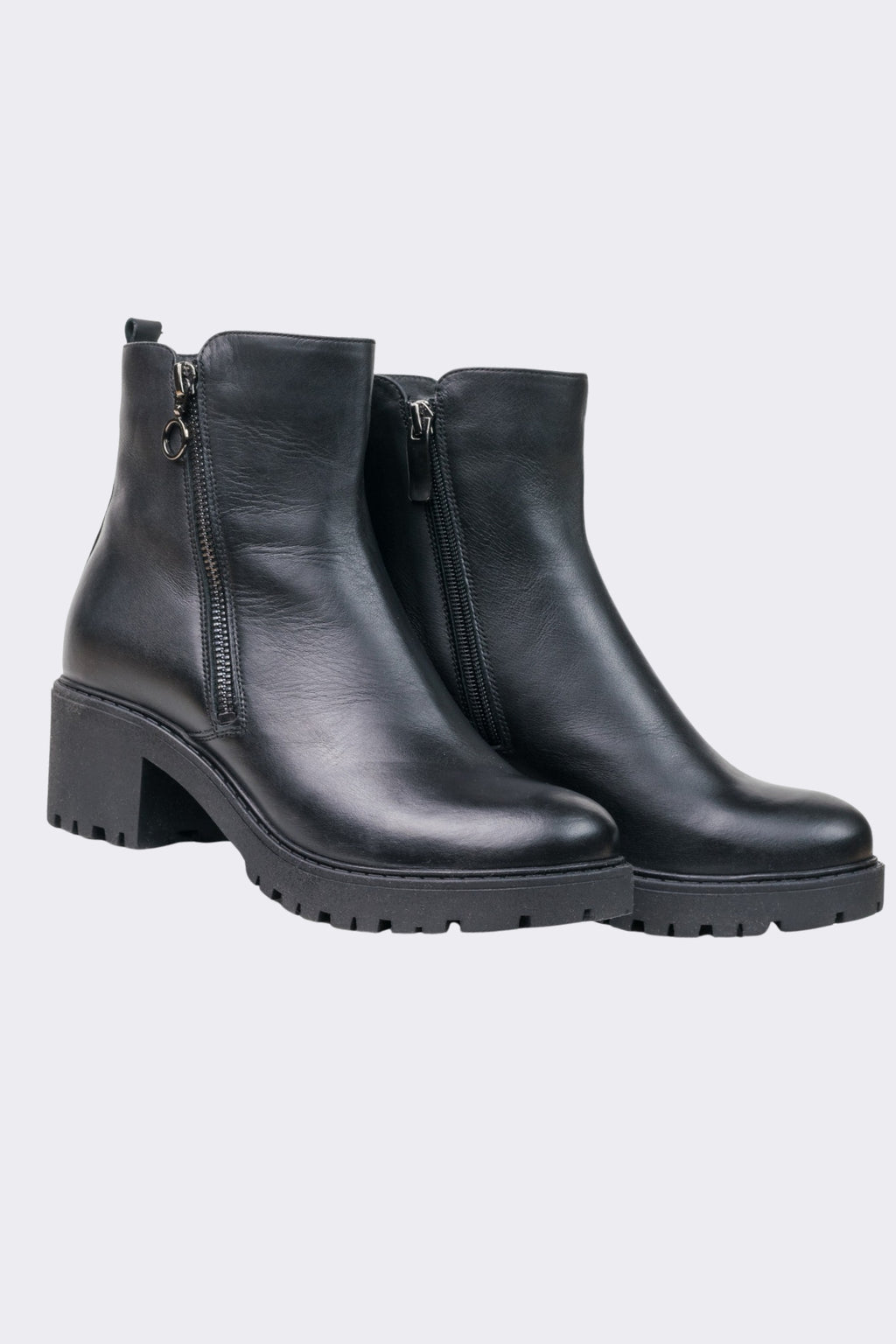 Black Leather Block Heel Ankle Boots