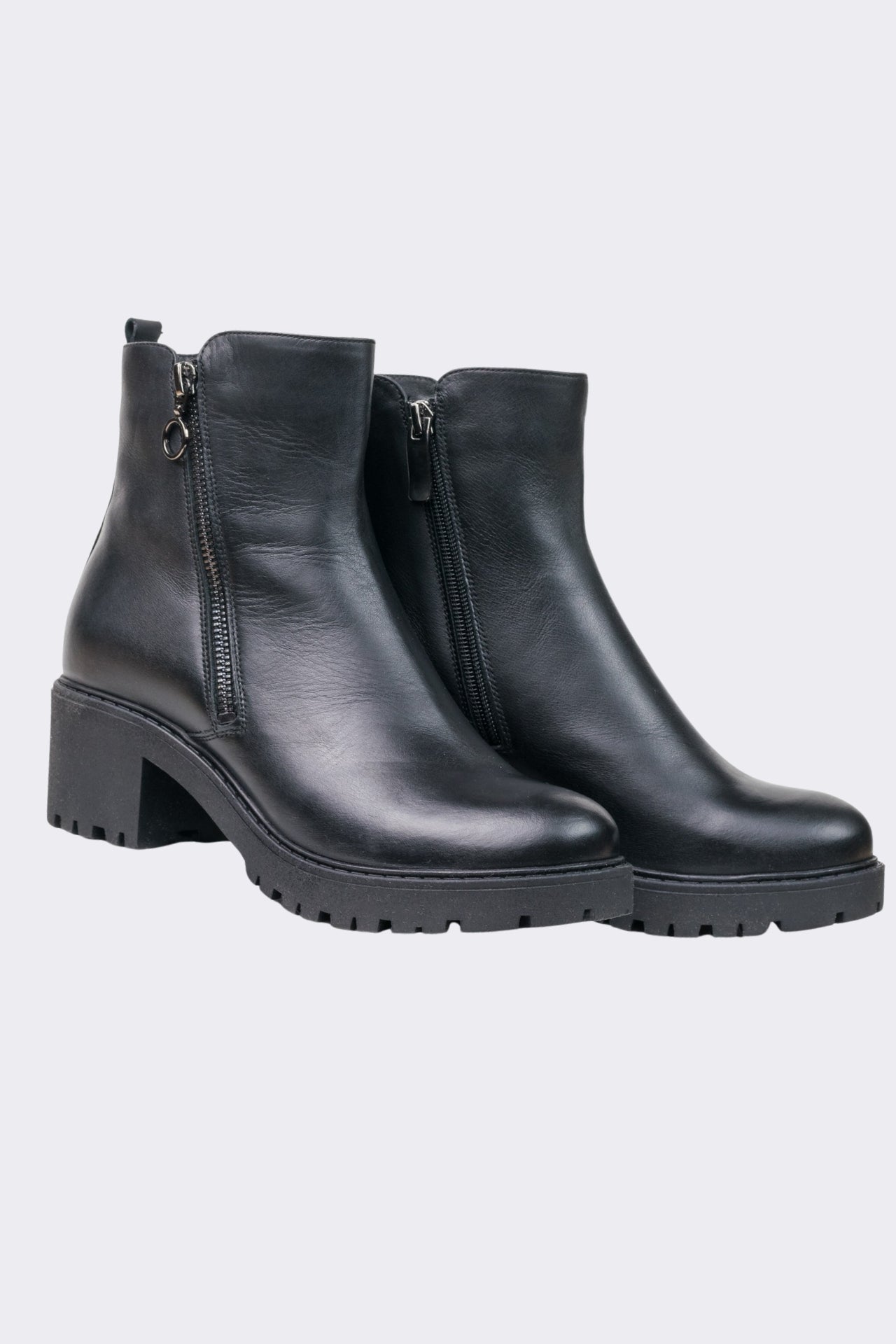 Black Leather Block Heel Ankle Boots