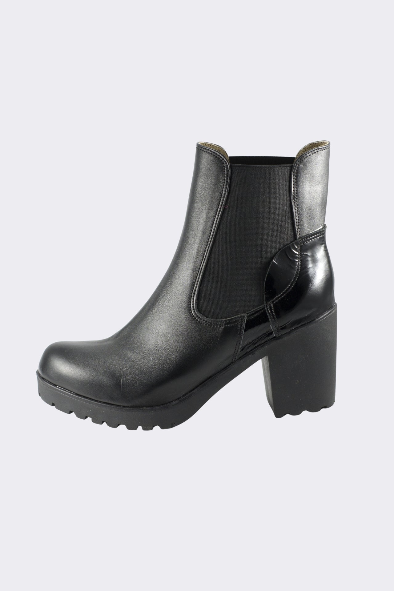 Black Leather Block Heel Ankle Boots