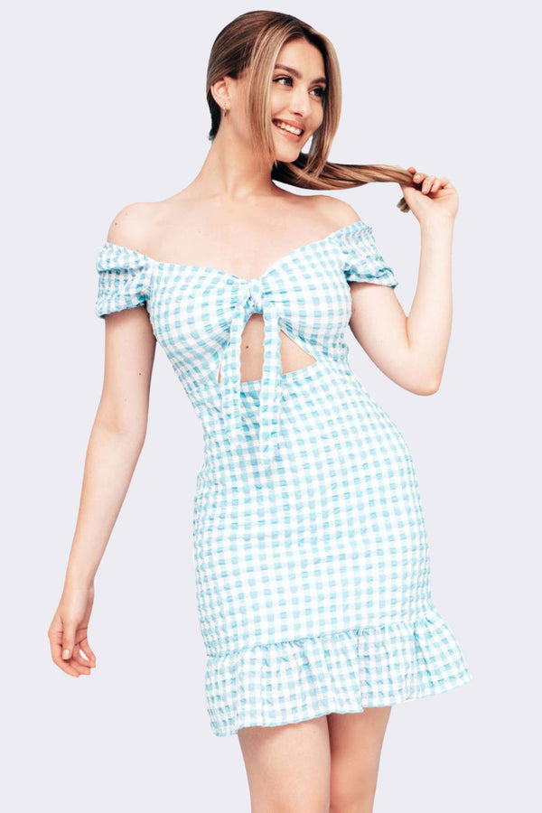 Blue Gingham Off-Shoulder Mini Dress