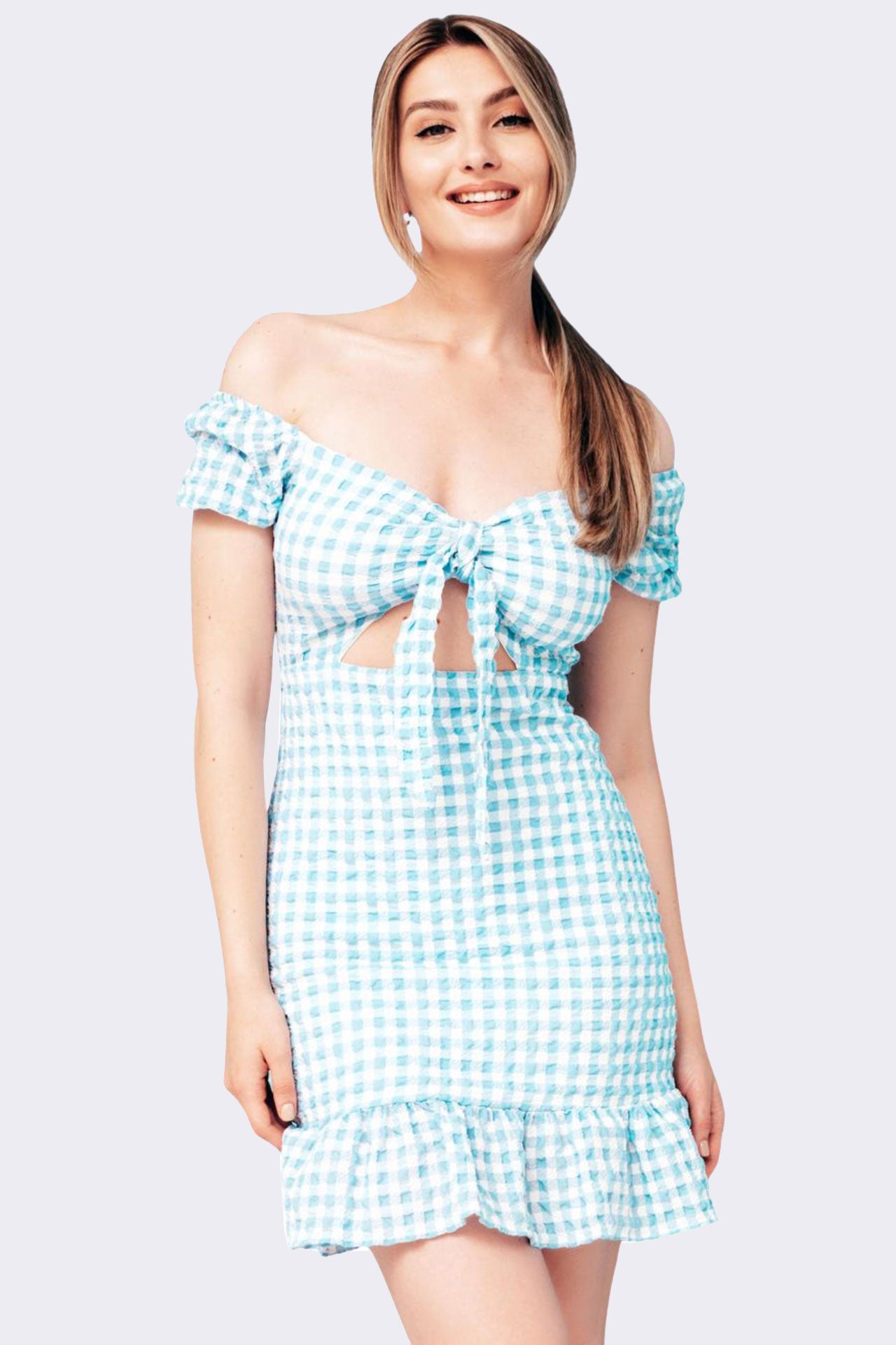 Blue Gingham Off-Shoulder Mini Dress Main image