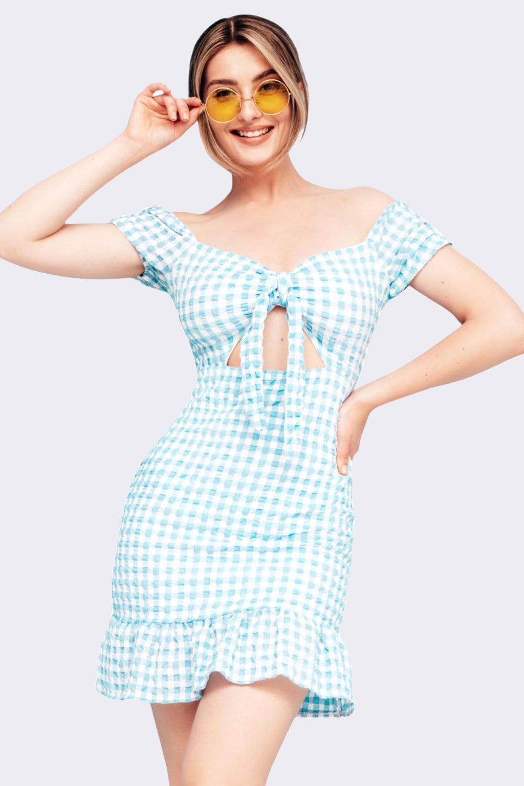 Blue Gingham Off-Shoulder Mini Dress