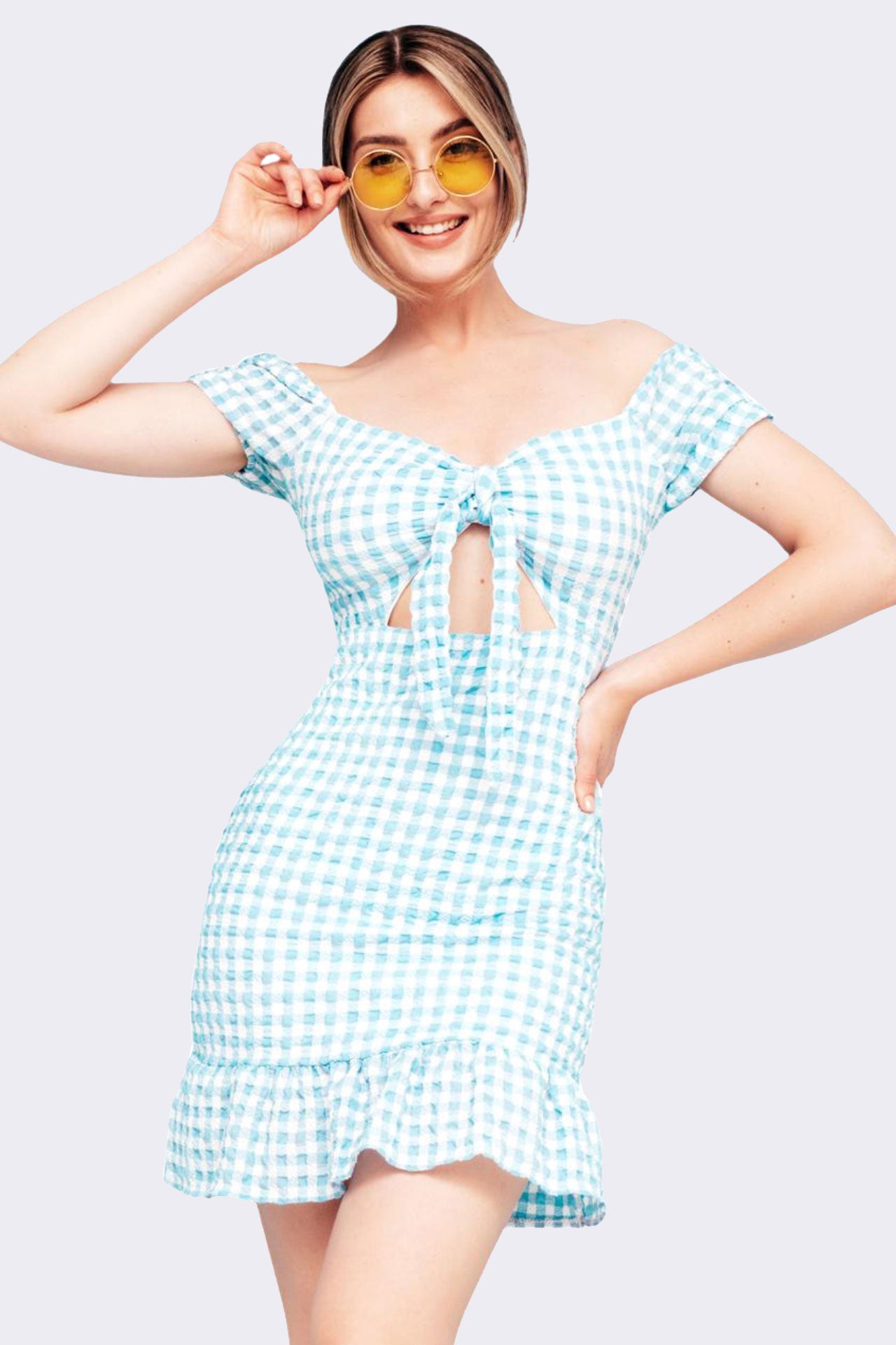 Blue Gingham Off-Shoulder Mini Dress