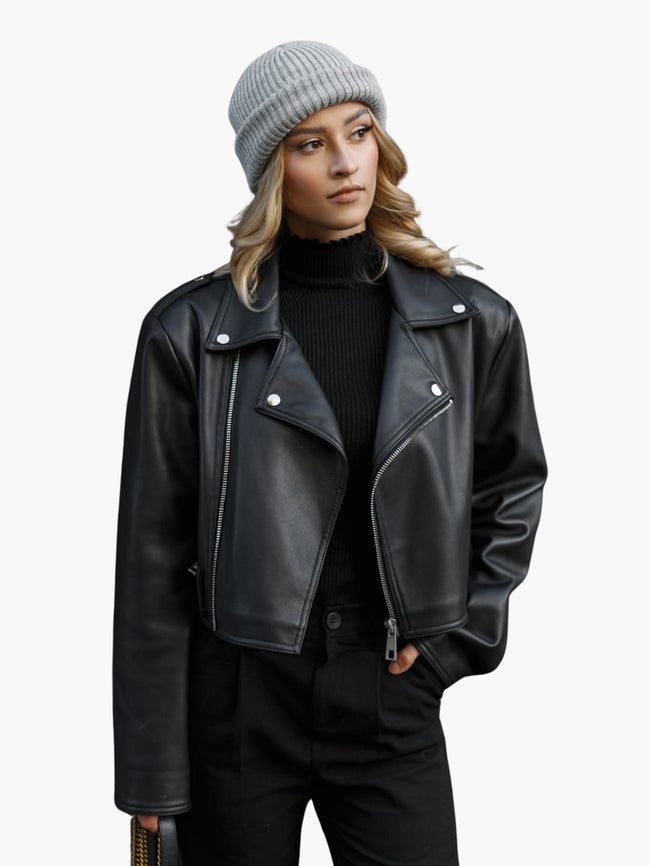 Cropped Black Faux Leather Biker Jacket Main Image