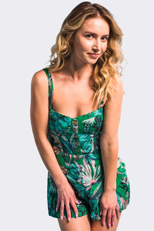 Tropical Green Floral Button-Up Romper Main Image