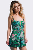 Tropical Green Floral Button-Up Romper