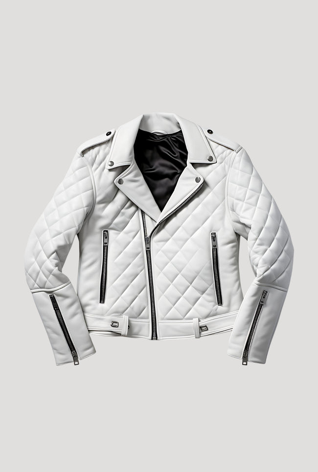 Women’s Quilted White Leather Jacket Hover Image