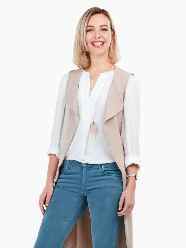 Sleeveless Longline Vest with White Blouse