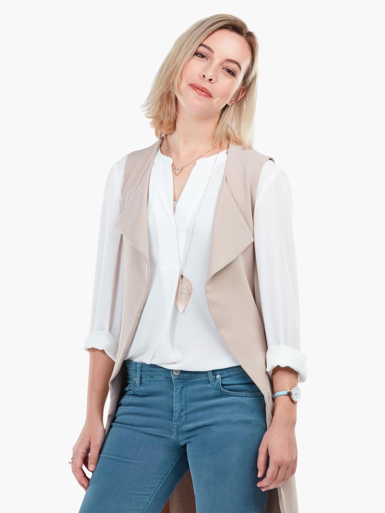 Sleeveless Longline Vest with White Blouse