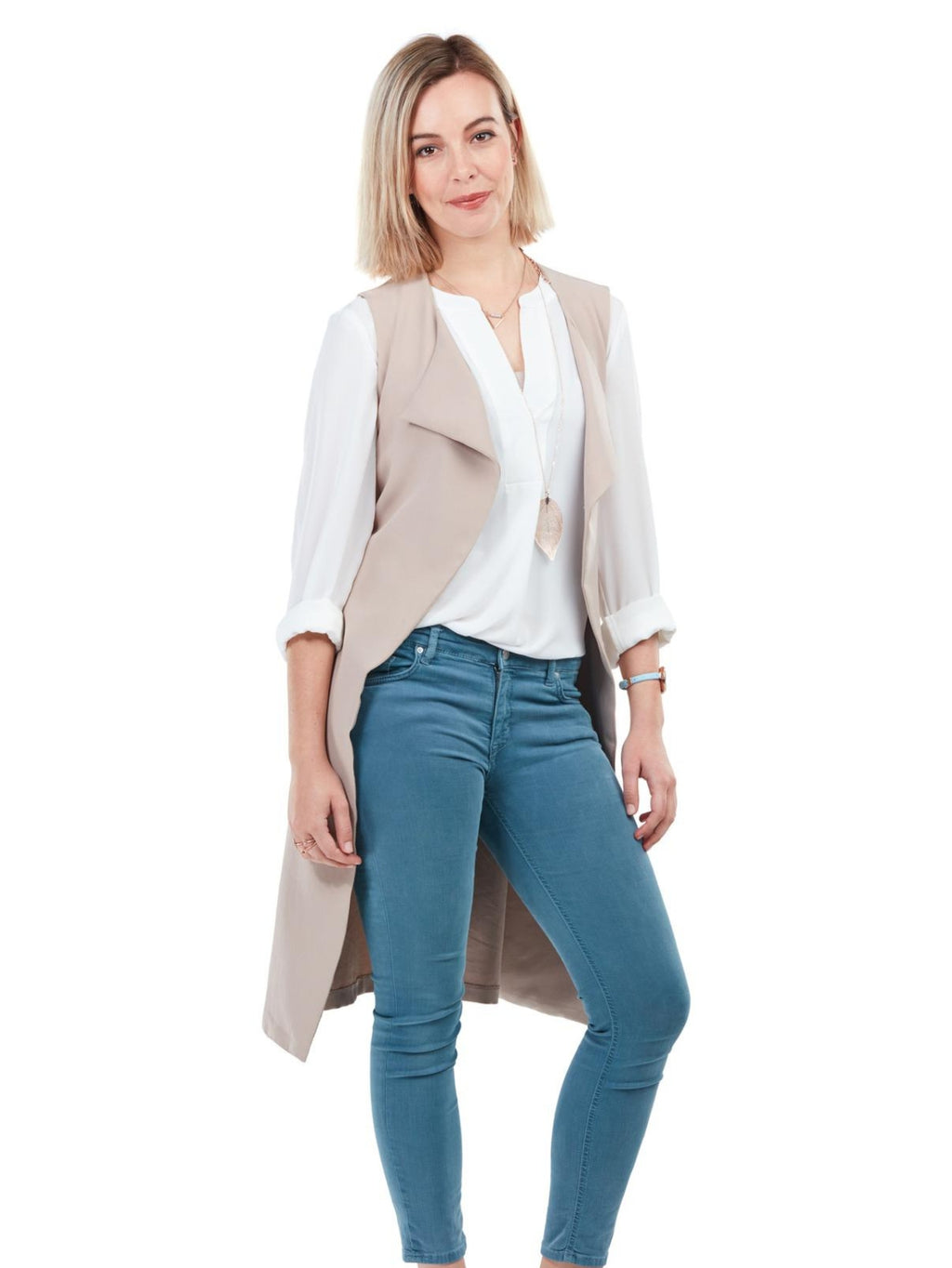 Sleeveless Longline Vest with White Blouse