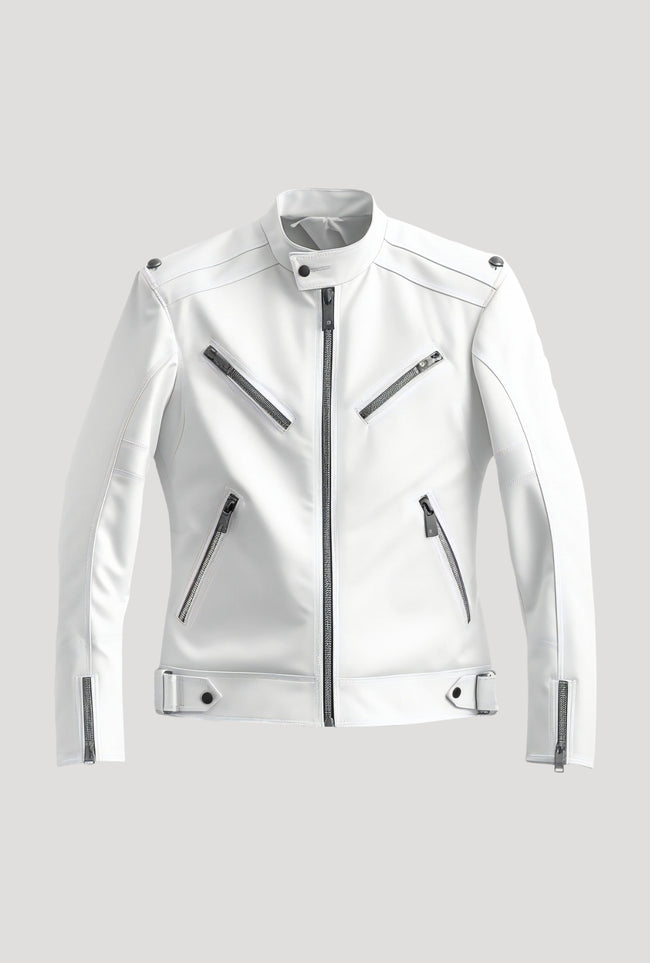 White Biker Leather Jacket Hover Image