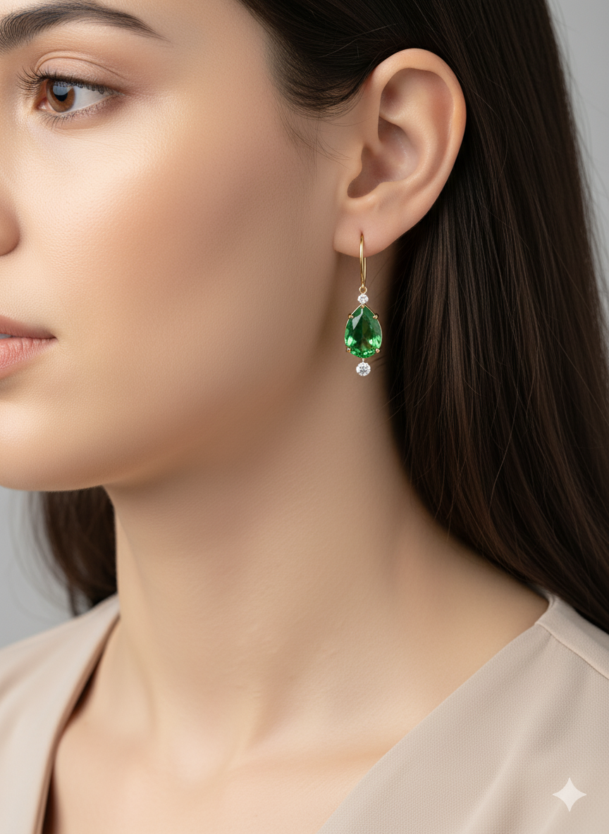 Emerald Teardrop Earrings 14K Yellow Gold Secondary image