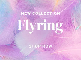 Colorful feather-like background with 'New Collection Flying' text and 'Shop Now' button.