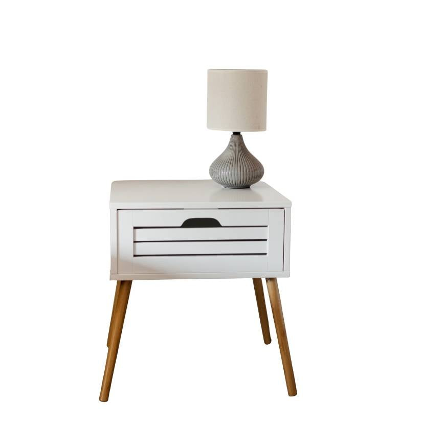 Scandinavian White Bedside Table with Wooden Legs